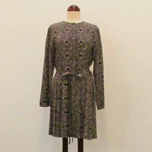 Nina Ricci Brown and Blue Button Up Pleated Midi Dress Size 42 (US 10)